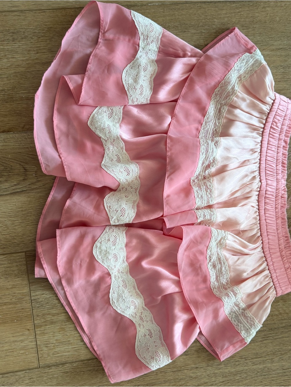 LoveShackFancy Pink Layered Lace-Trim Mini Skirt